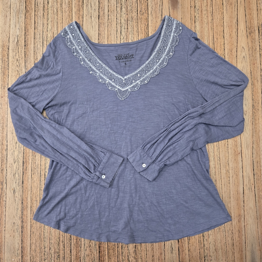 Nine‎ West Vintage America Collection Womens Long Sleeve Large Top. Beaded Neck